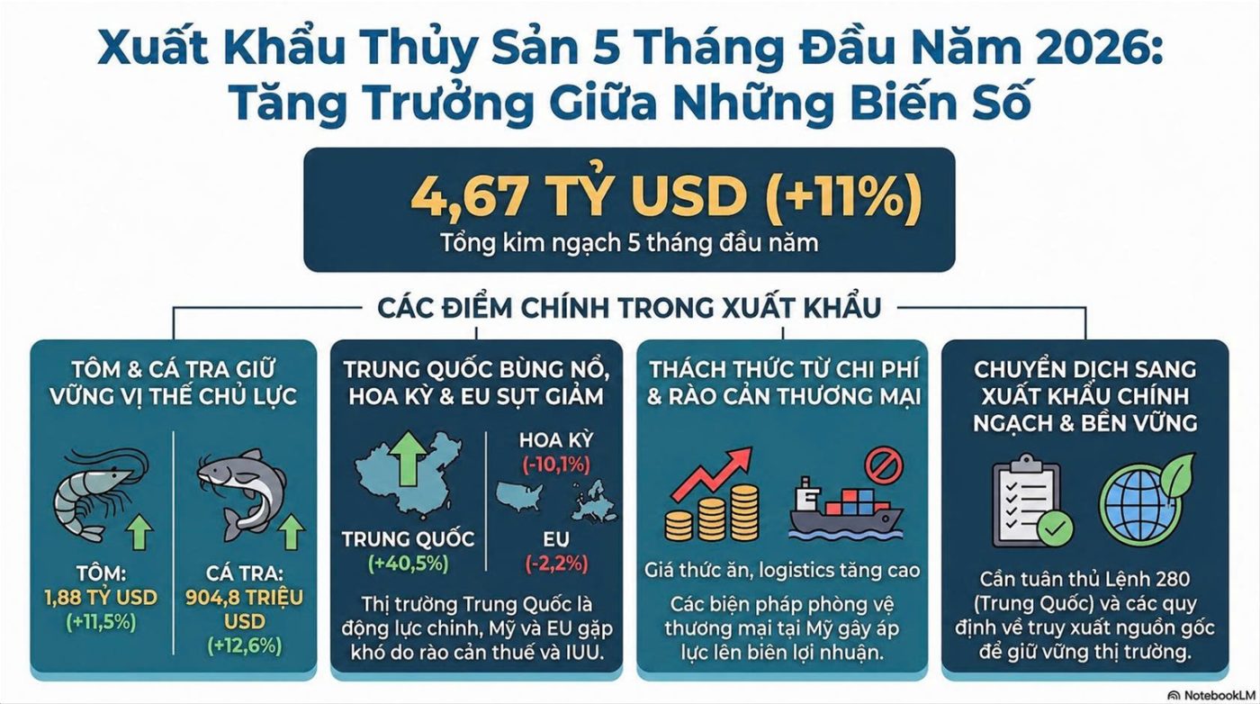 Tổng quan xuất khẩu thủy sản Việt Nam 5 tháng đầu năm 2026